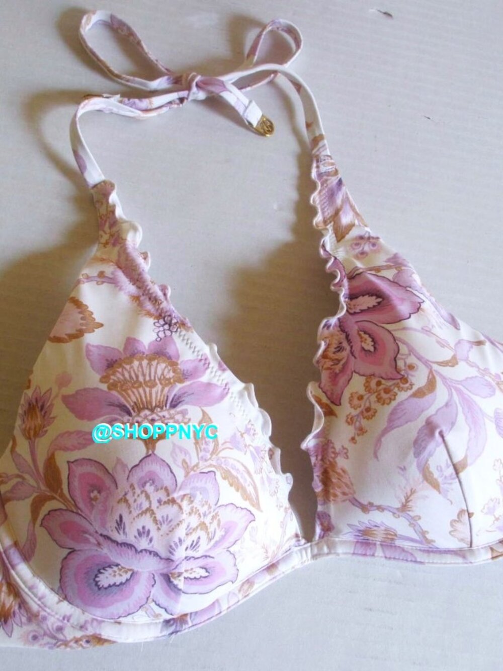 34DDD Victorias Secret Swim Ruffle Halter Bikini Top White Violet Floral $50 - Picture 4 of 10